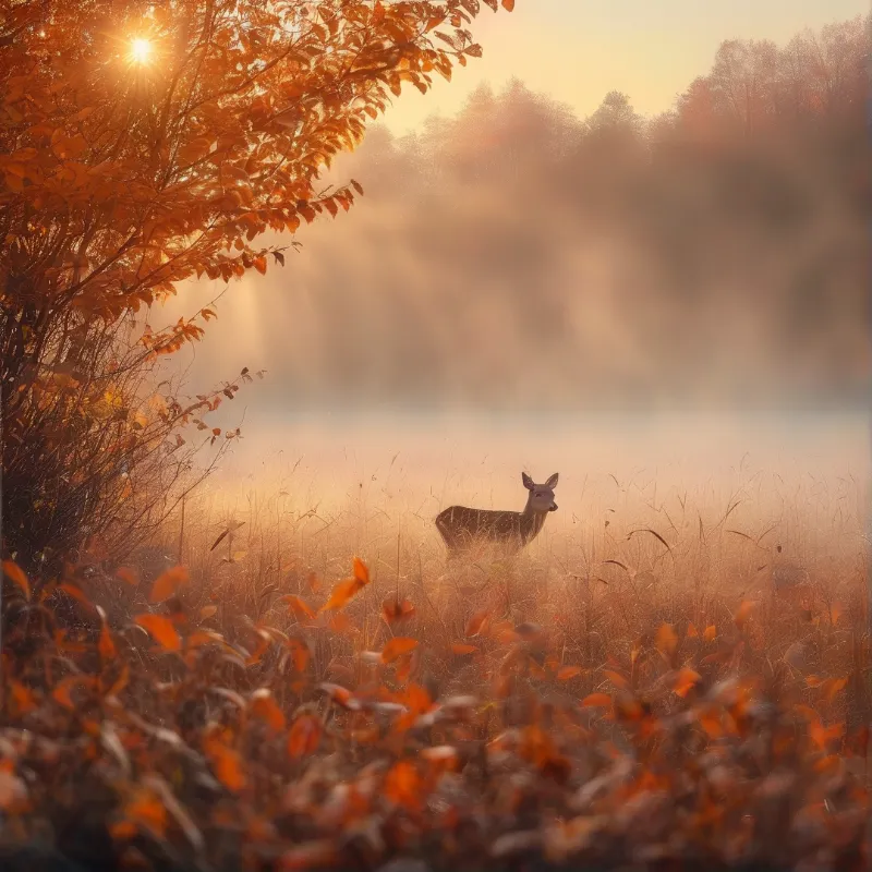 A deer stands alert in tall grass as morning fog blankets the background trees and sunlight filters through orange leaves.