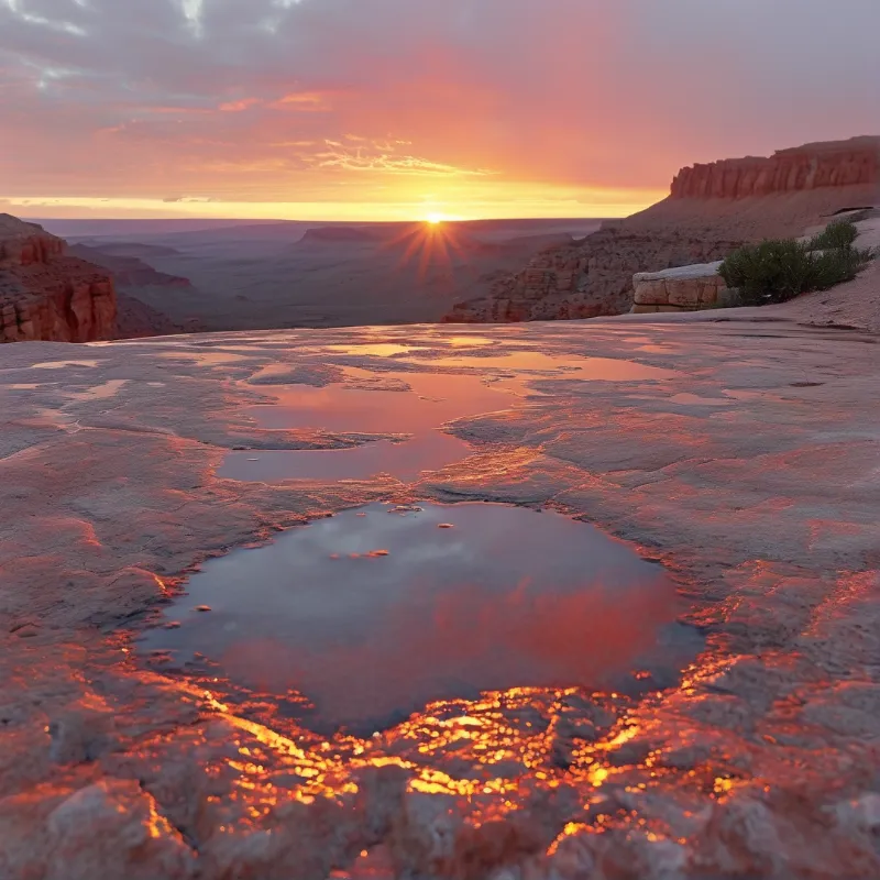 A desert landscape features rocky formations and puddles reflecting the orange sunset sky near the horizon.