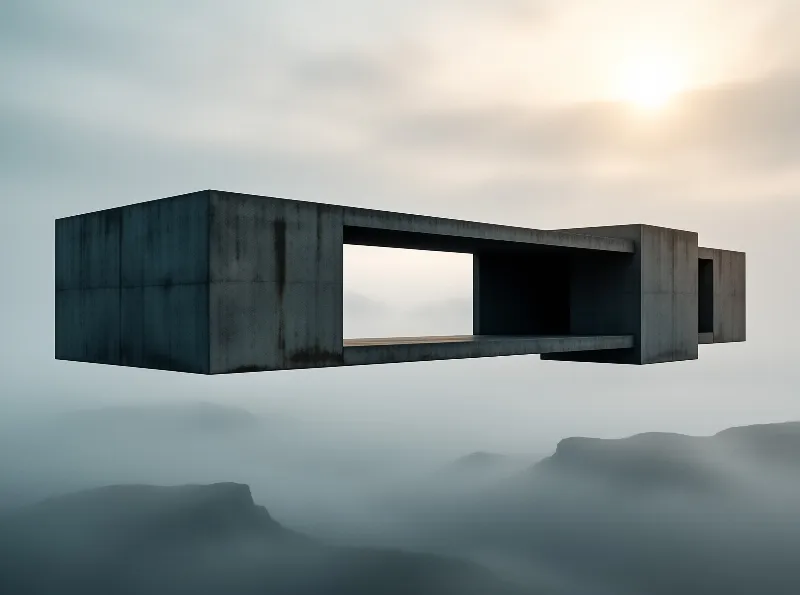 A brutalist concrete structure with a wide open window hovers weightlessly over misty mountain ridges in pale dawn light.