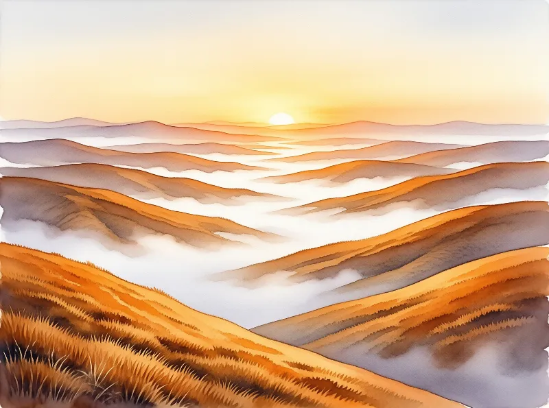 Sunlit grassy hill ridges stretch above a soft valley of drifting white clouds under a warm golden dawn sky.