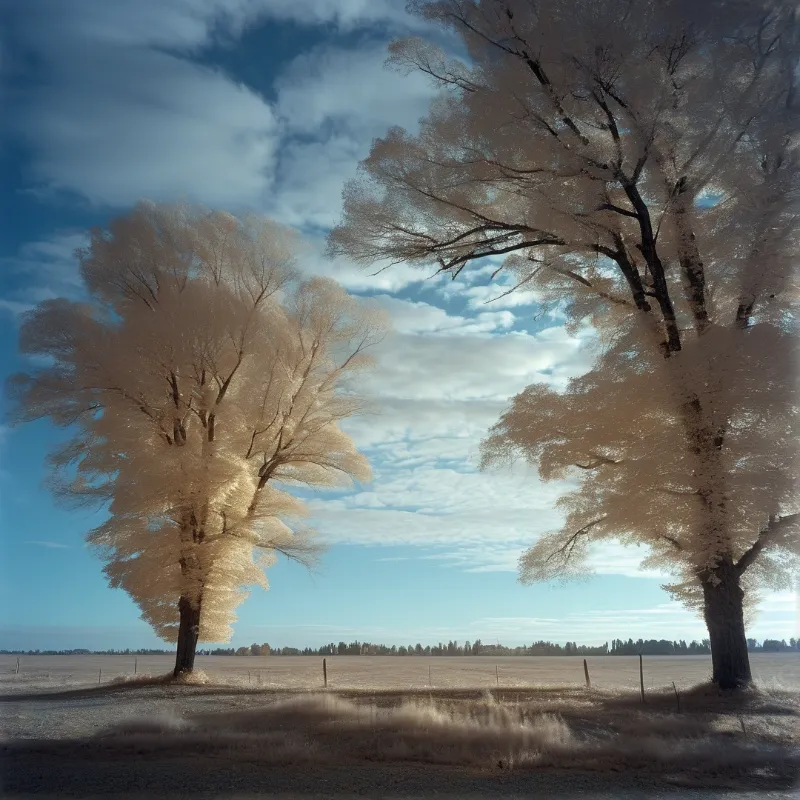 Infrared photo of bright off-white cottonwood trees scattered across a flat open field under a deep blue cloud-filled sky