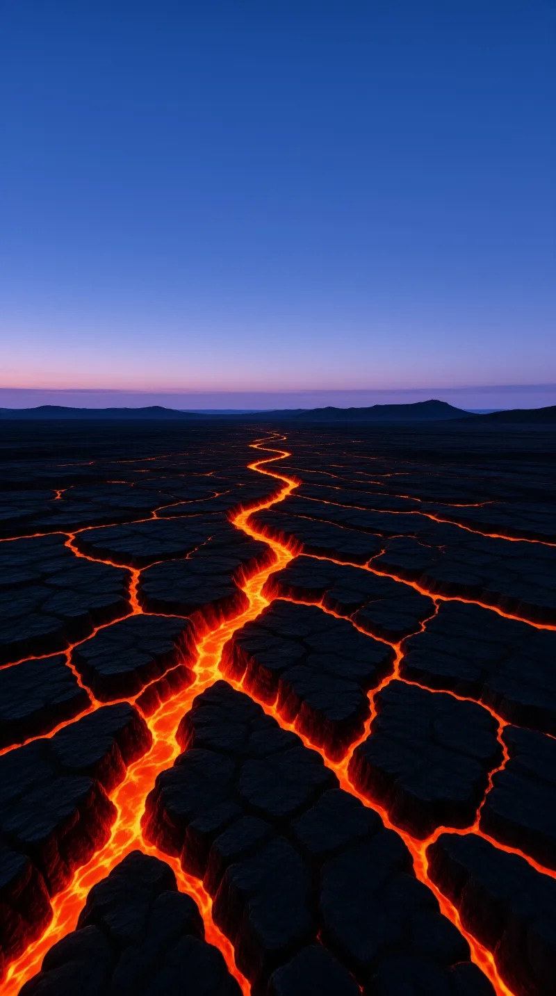 Expansive dark hexagonal columns stretch across a flat landscape revealing glowing orange lava veins against a serene blue and purple twilight sky.
