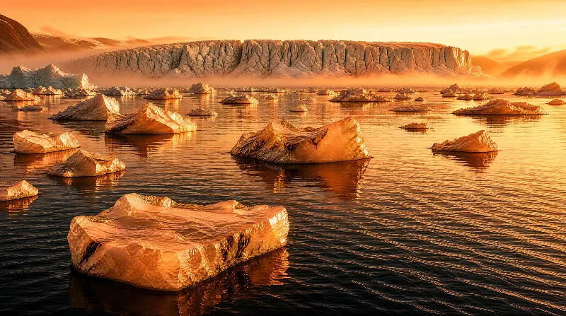 Multiple icebergs float on calm water with a massive glacier in the background, bathed in warm golden sunset light