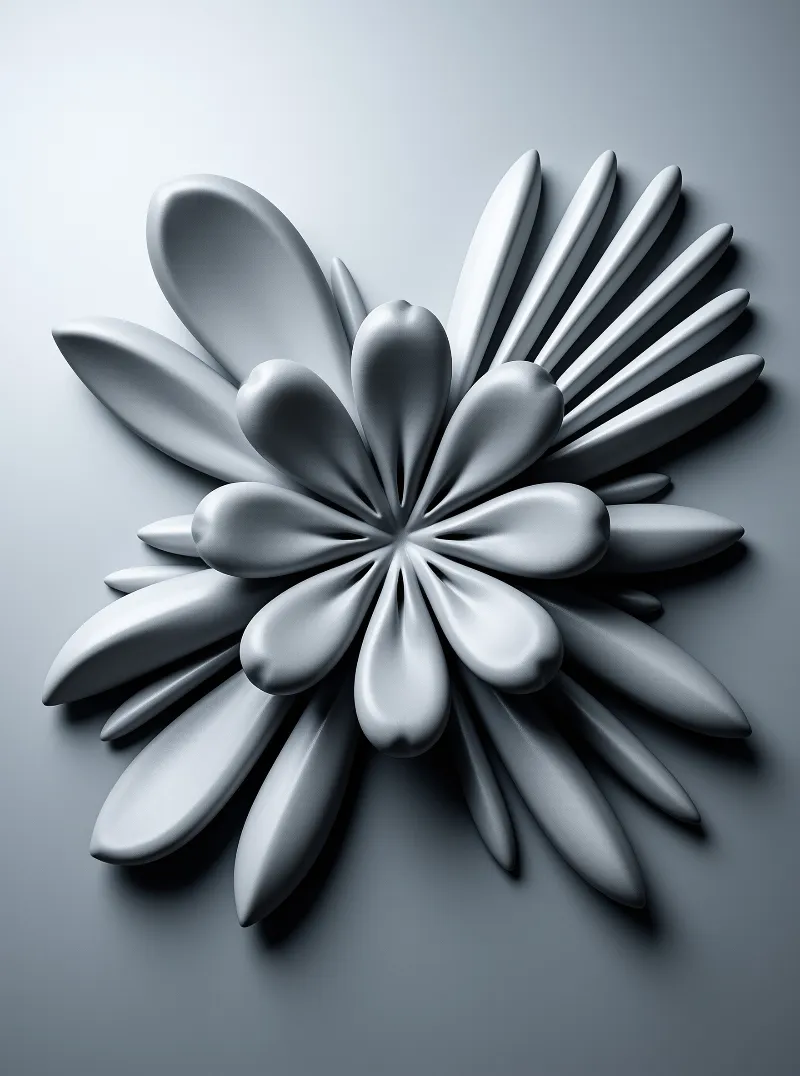 A monochrome grey bas-relief of smooth rounded petals fans out symmetrically from a central point on a soft backdrop.
