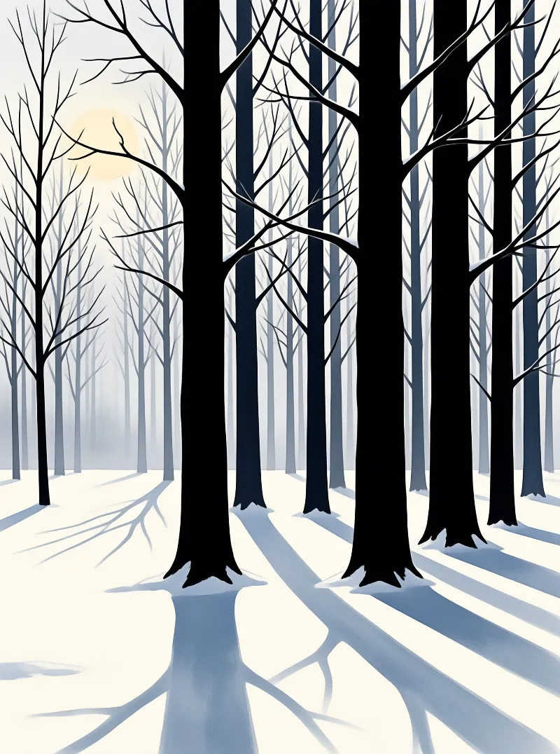 Stylized dark tree trunks rising from white snow with blue shadows stretching across the ground near a faint sun.
