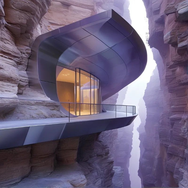 A sleek suspended cabin juts from layered sandstone canyon walls, its curved glass facade glowing with warm interior light against hazy distant cliff faces.