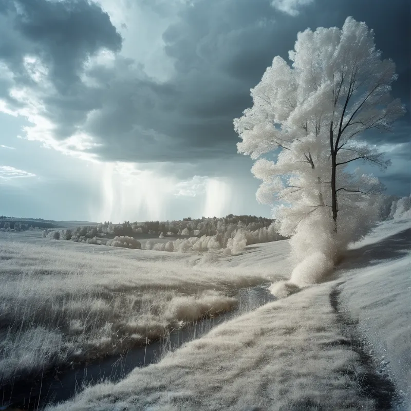 A large frost covered tree stands on a snowy hill while light beams shine through dark clouds above a frozen stream.