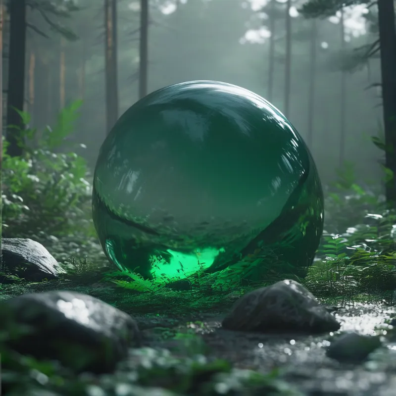 Green Glass Sphere in Forest
