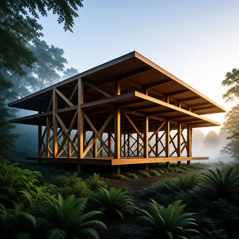 Wooden Pavilion in Mist