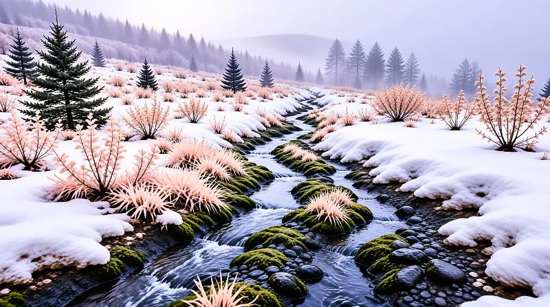 A clear stream winds over mossy rocks through a foggy winter landscape filled with pine trees and dry grasses