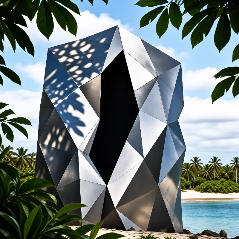 A faceted metal sculpture sits on a tropical beach with leaf shadows on its surface set against blue sky and turquoise water.