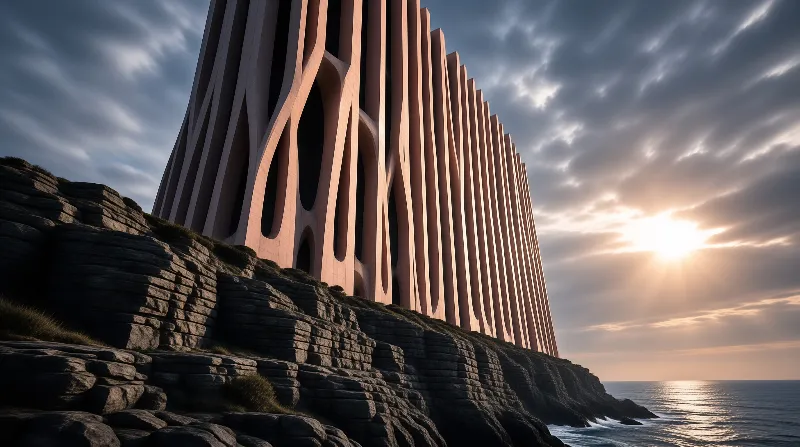 Massive beige tower with vertical slats and large openings stands on dark cliffs as the sun sets over the ocean.