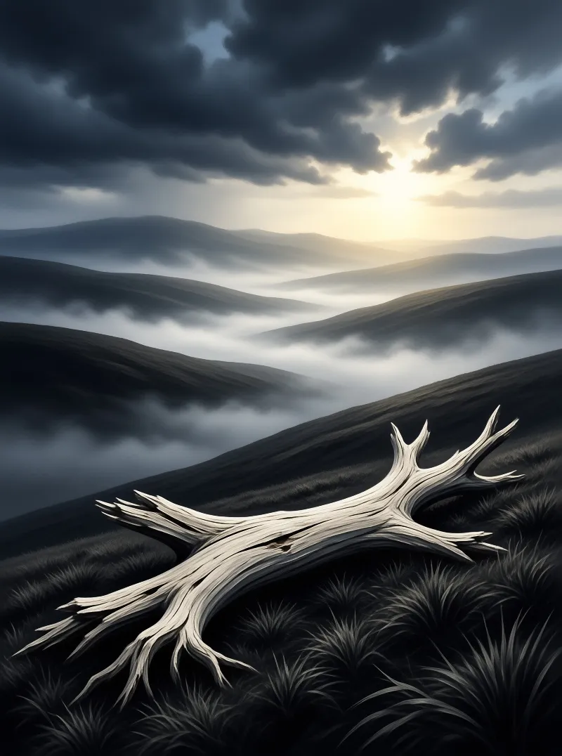 A pale stripped log lies across dark tussock grass while mist pools in the folds of rolling hills under breaking sunlight.