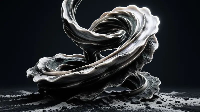 Twisted layers of white and black material form a shell-like shape sitting on dark sandy terrain.