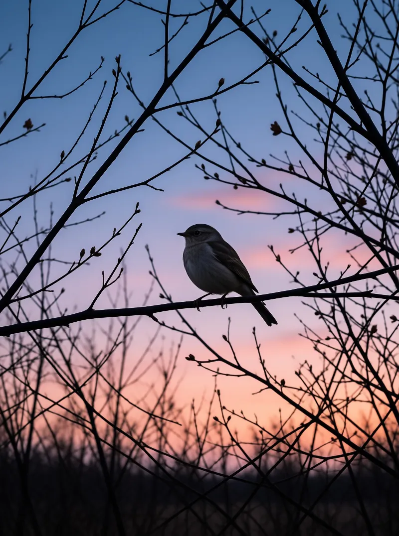 A small bird sits on a thin branch while the sky turns orange and blue behind bare trees