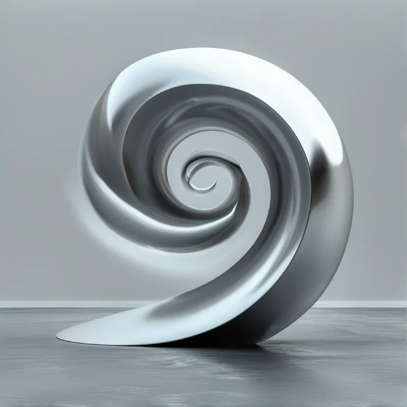 A polished silver spiral sculpture sits on a grey floor, displaying smooth metallic reflections and soft studio lighting.