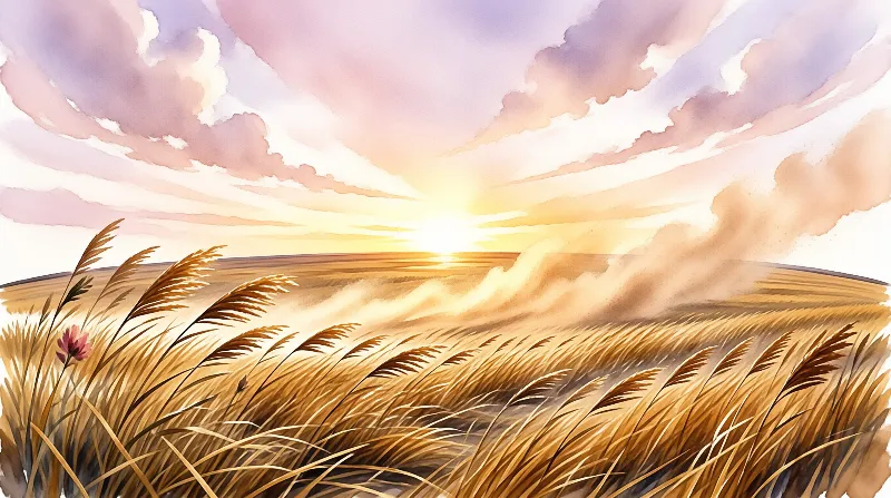 Long golden blades ripple across a coastal plain while pale lilac clouds scatter the light of a sinking sun.