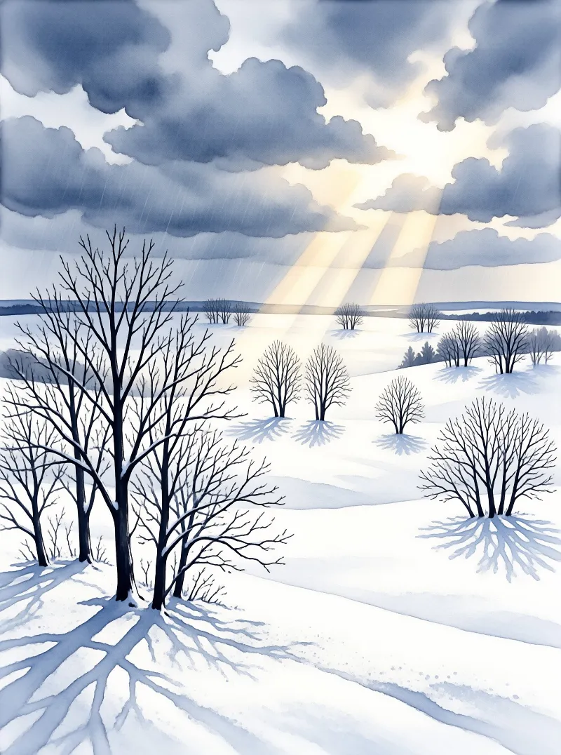 A winter landscape shows bare trees standing in a snowy field while sunlight breaks through heavy clouds casting long shadows.