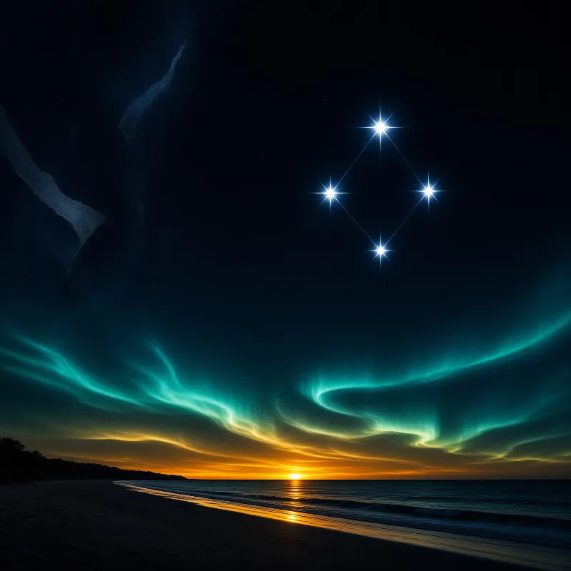 A diamond of four stars hangs above green aurora waves and an orange sunset glow reflecting on the dark ocean shore.