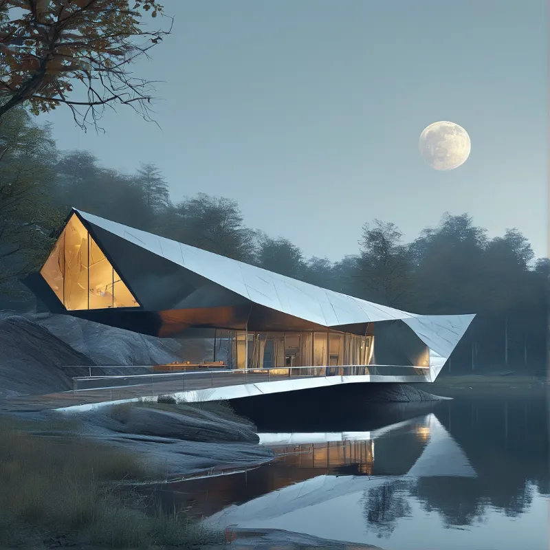 A faceted metal roof and glowing glass walls reflect in still water under moonlight