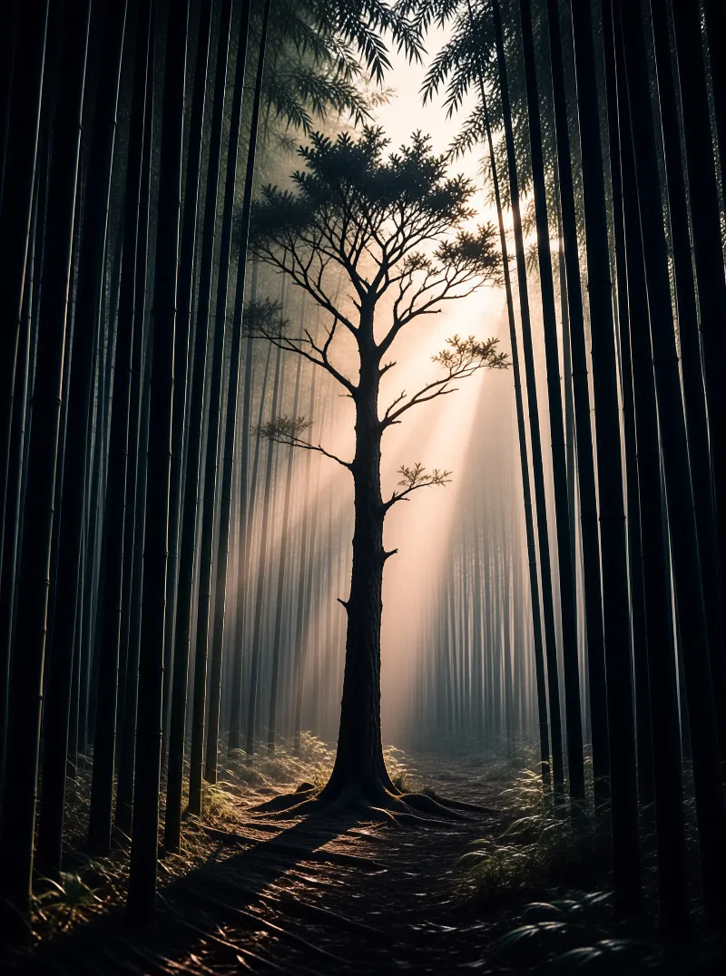 A dark tree stands alone in a misty bamboo forest as beams of sunlight shine through the trees.