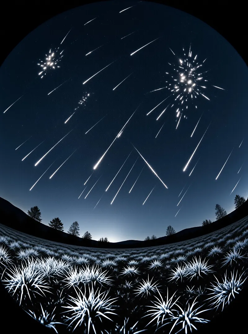 Bright meteor trails streak across a deep blue night sky above a landscape of luminous spiky succulents.