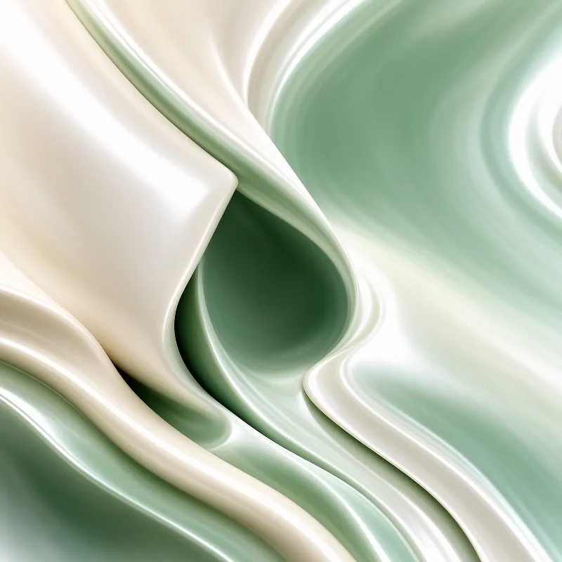 Smooth flowing textures resembling melted wax or liquid silk in pale green and ivory under bright illumination.