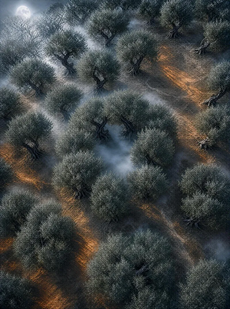 Aerial view of an olive grove with gnarled trees, low-lying fog, and moonlight casting warm golden hues on the ground between them