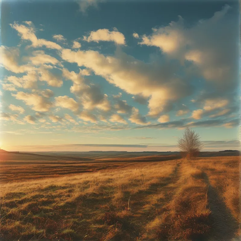 A solitary bare tree stands beside a winding path in a vast golden grassland under a dramatic sky of puffy clouds at sunset.