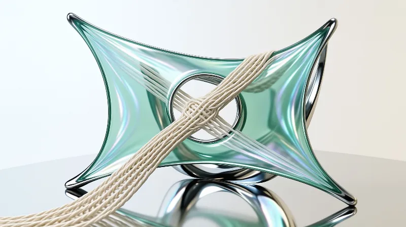 A translucent teal glass star shape rests on a reflective surface with a beige rope knot.