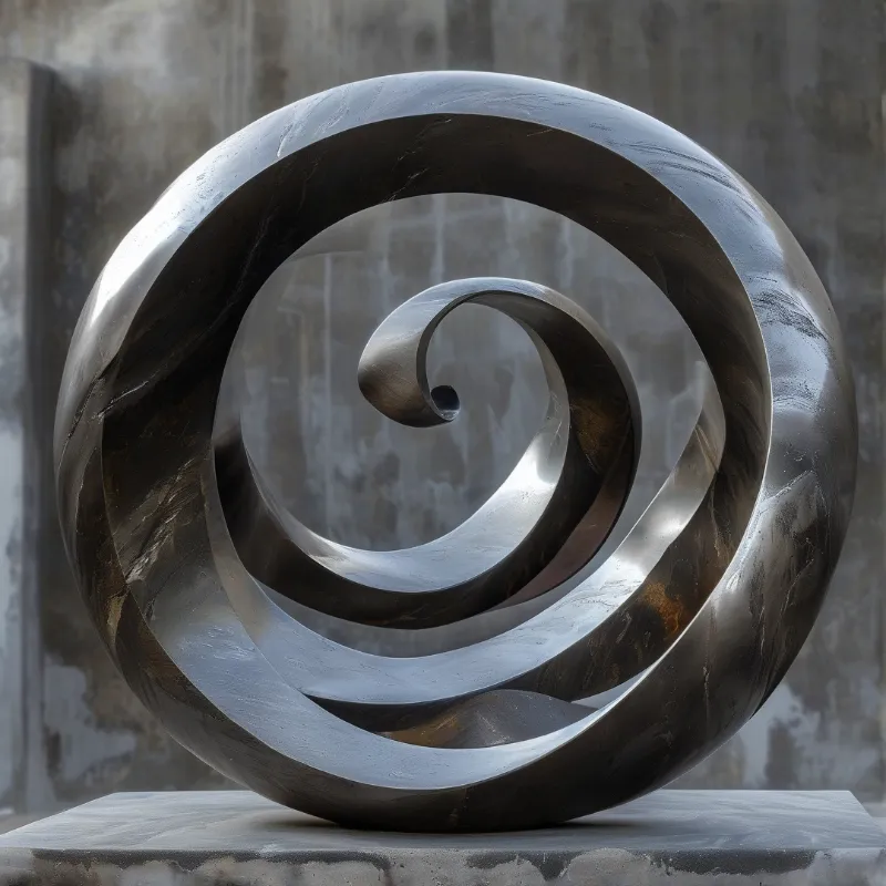 A polished metal spiral sculpture rests on a weathered concrete plinth, light highlights its curved edges against a mottled stone wall.