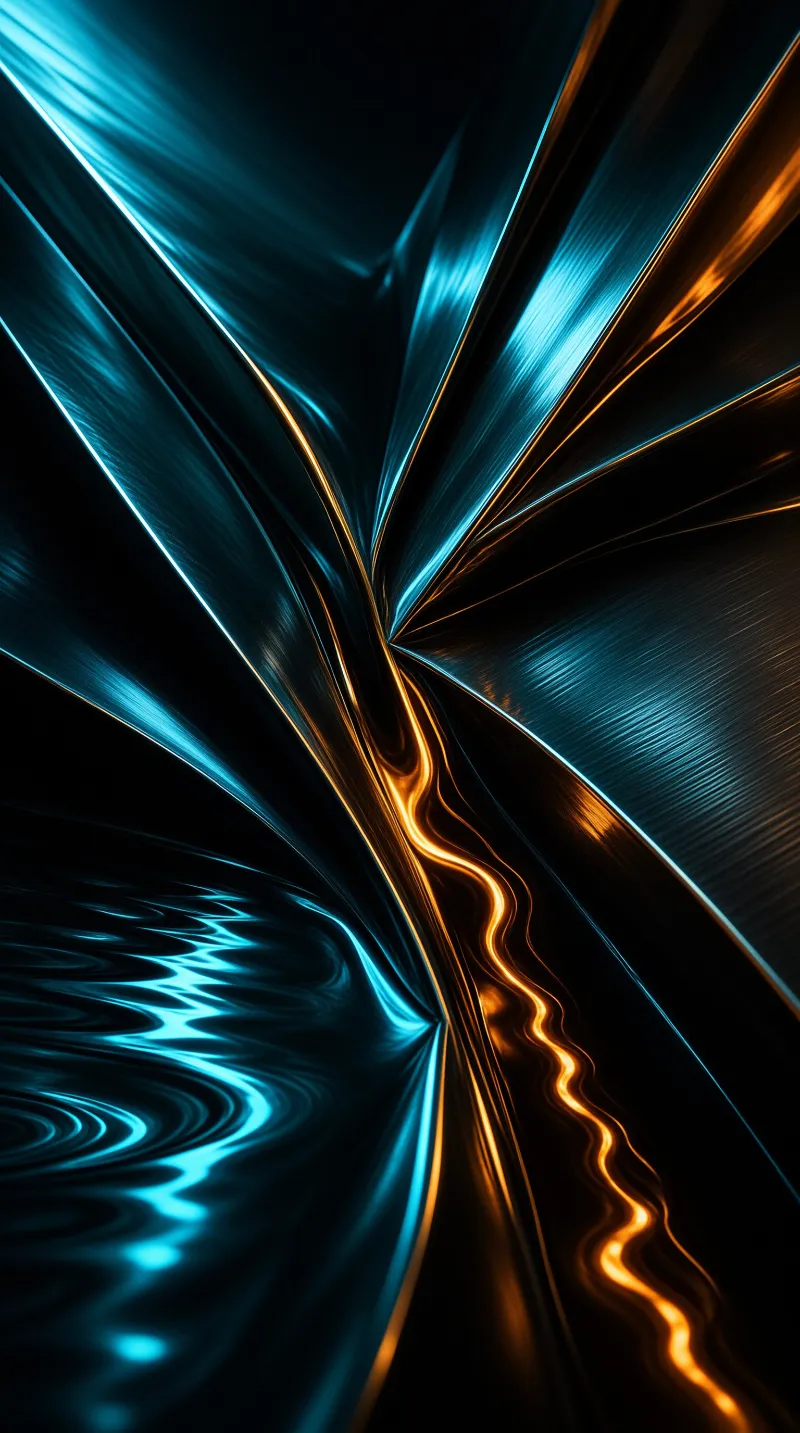 Cyan and warm orange light streaks twist across a solid black backdrop, smooth flowing trails forming a radial pattern.