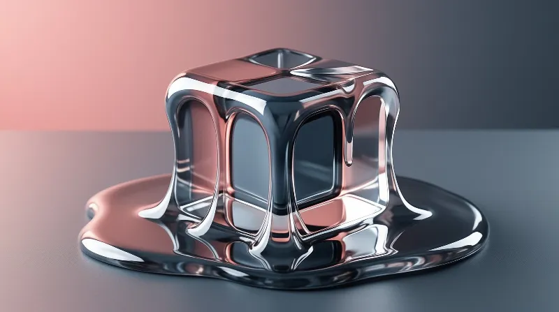 A shiny metallic cube melts into a flat puddle on a smooth gradient background with pink and grey tones.