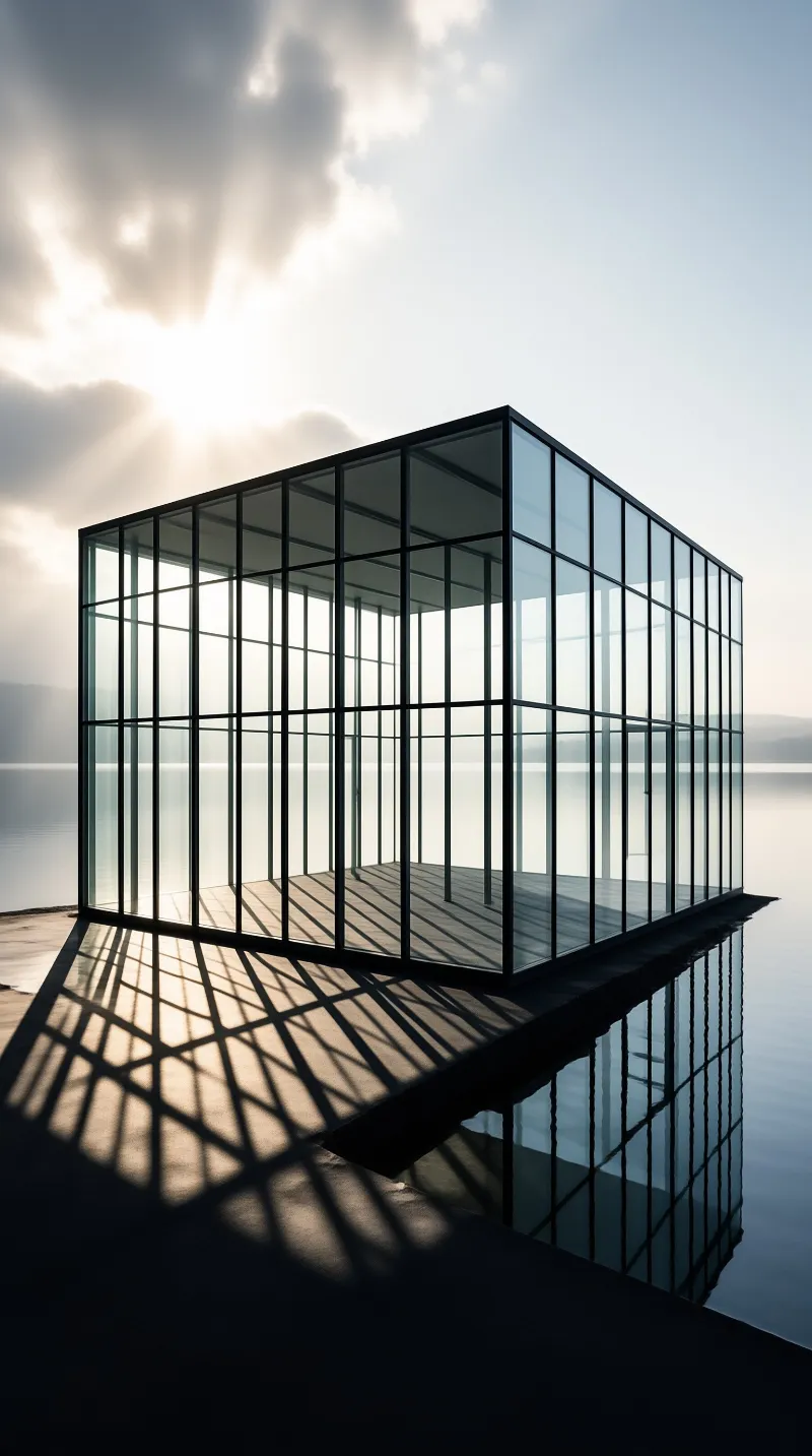 A minimalist glass box structure rests at the water's edge while bright sunlight creates a grid of shadows on the shore.