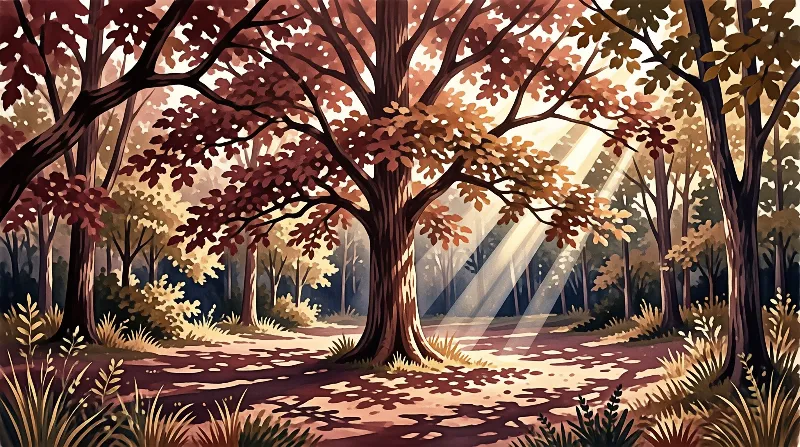 A woodland path features trees with red and orange leaves illuminated by shafts of sunlight streaming through the canopy.