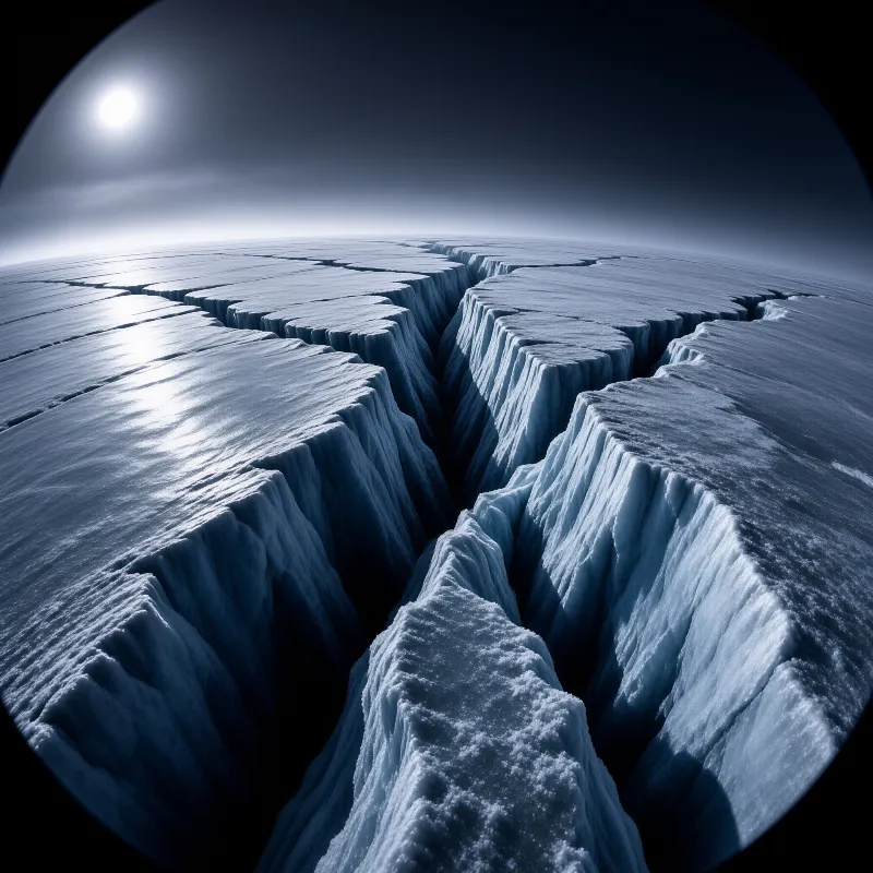 Vast frozen terrain split by deep chasms illuminated by a bright celestial body in the sky