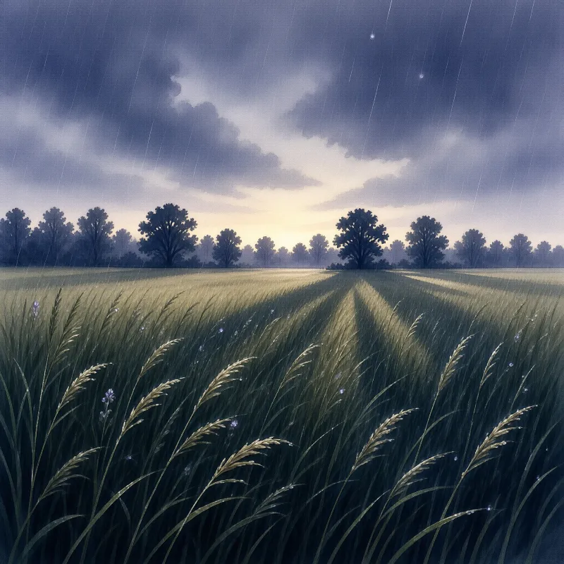 Tall grass covers the ground under dark rain clouds while a distant treeline glows with warm light.