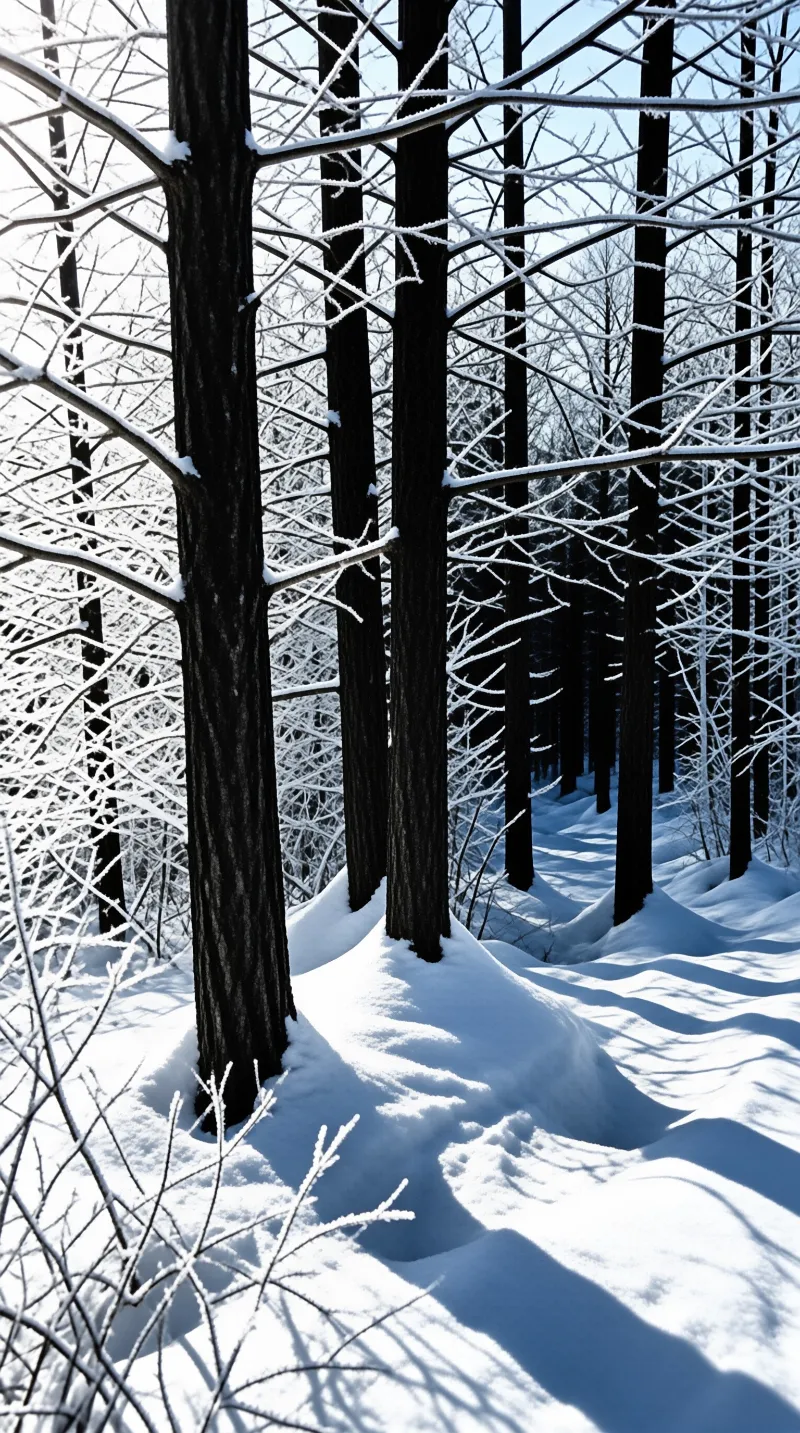 Dark pine trunks rise through deep drifted snow while frost-laced branches filter pale winter sunlight across blue shadows.
