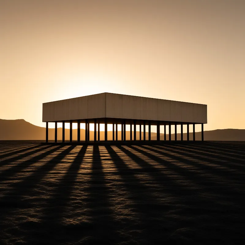 A boxy concrete pavilion stands on thin pillars against a glowing orange sky with long shadows