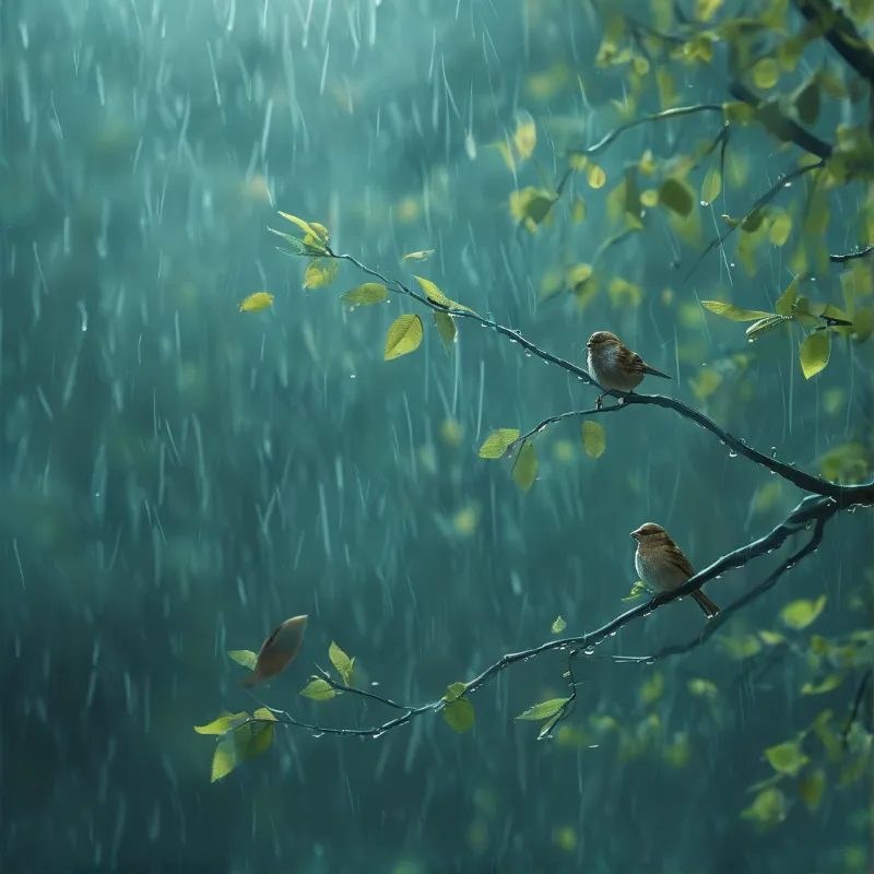 Two small birds sit on tree branches covered in water droplets while rain falls heavily in the background.