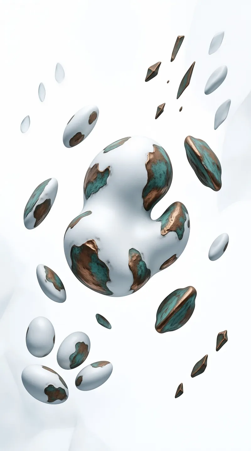 A large irregular metal form with copper and teal patina floats among smaller fragments in a bright white space