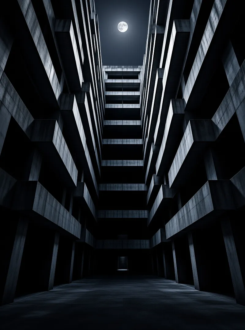 Monolithic brutalist concrete buildings frame an empty dark courtyard, with a bright full moon glowing through the gap between the towers.