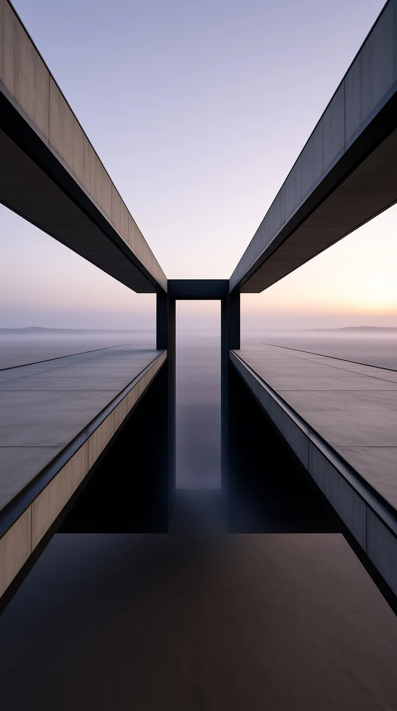A minimalist dark architectural beam creates a symmetrical frame above a calm foggy sea during a soft gradient sky.