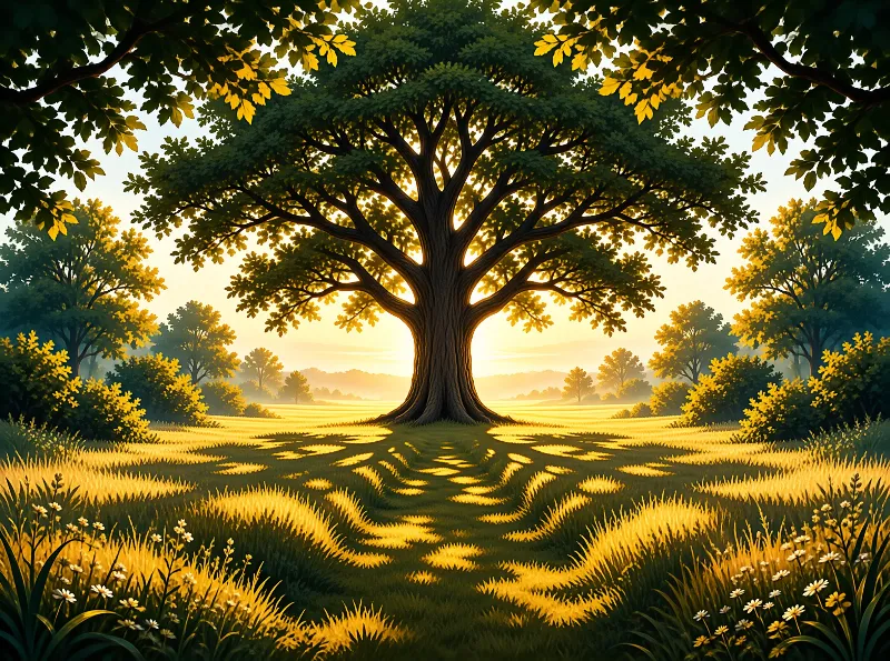 A spreading oak stands in a golden meadow while low morning sun throws dappled shadows across the grass.