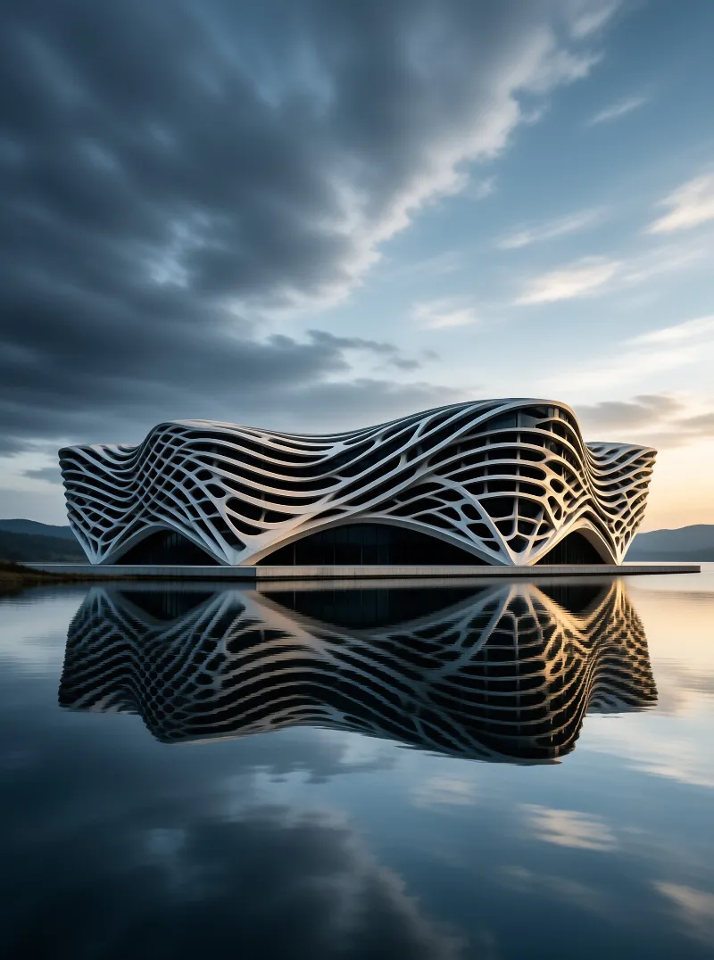 A sculptural white building with a rippling lattice facade stands mirrored in a glassy lake under a sunset sky.