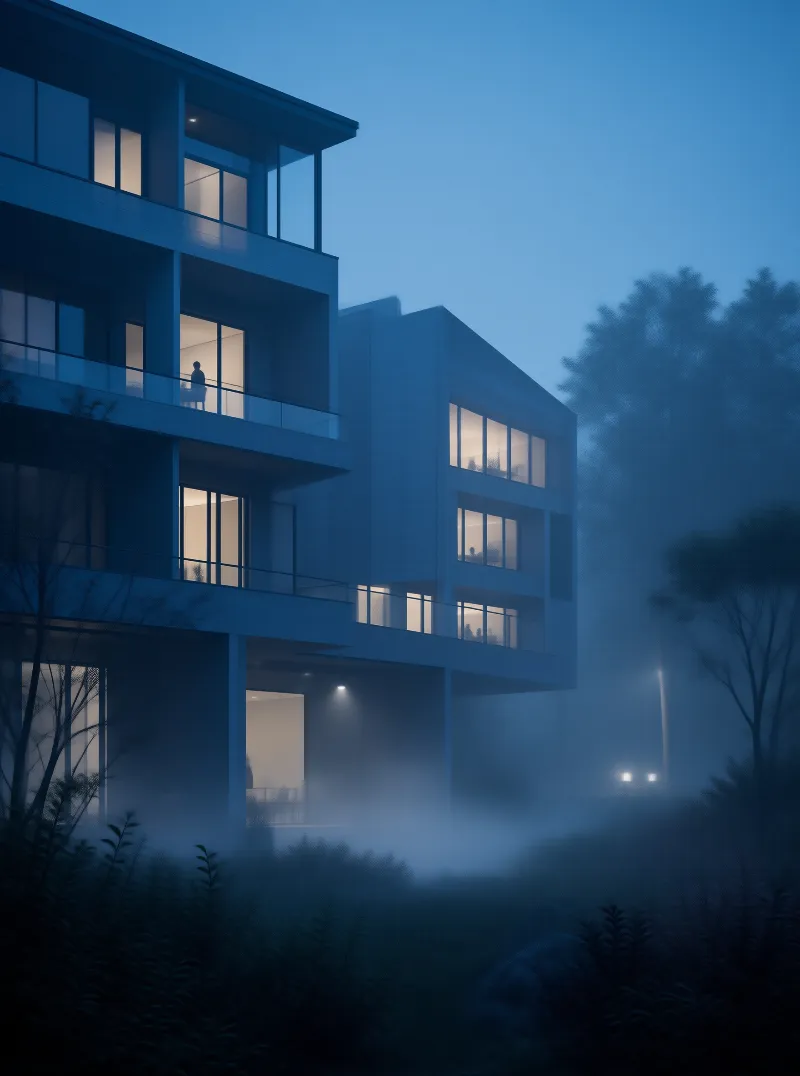 Modern Architecture in Misty Night