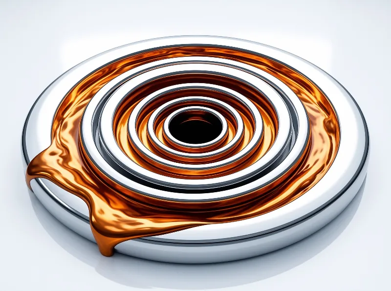 A close-up view of concentric metallic circles filled with bright orange fluid that looks like molten metal.