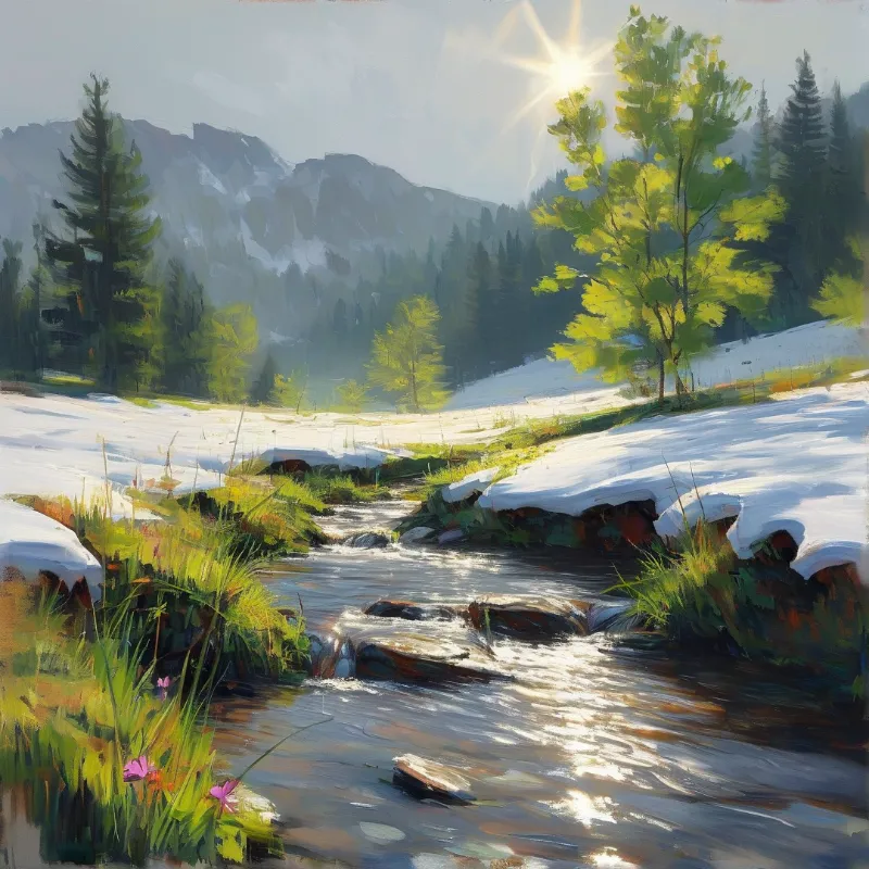 A painted landscape depicts a rushing river moving through a valley where snow remains on the banks near green bushes.