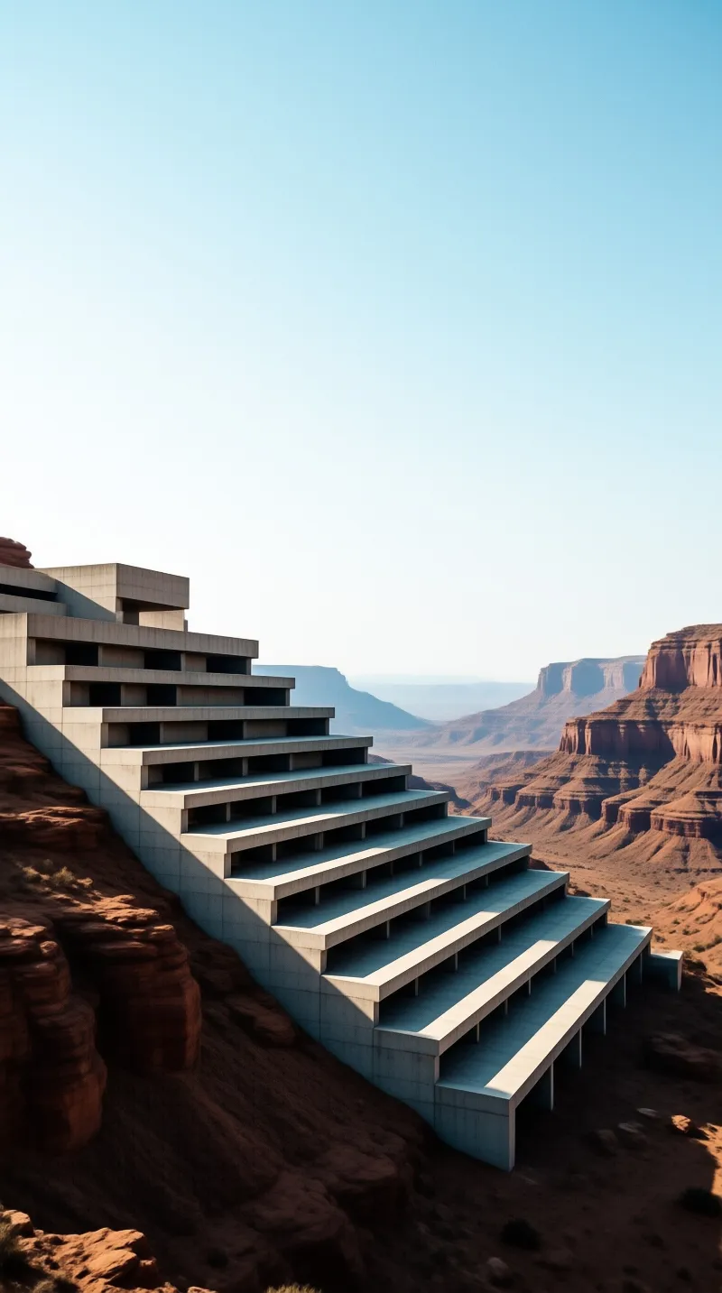 Stepped concrete terraces descend a red rock ridge, opening onto a vast canyon under a clear pale sky.