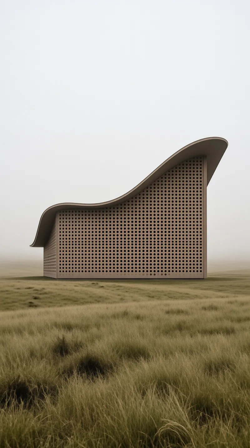 A minimalist perforated structure with an undulating curved roof sits alone in pale yellow grass under hazy grey skies.